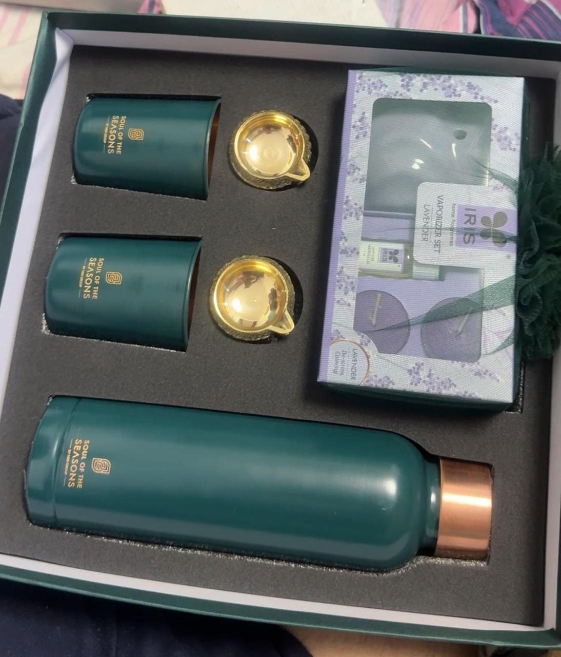 The Heritage Festive Box: copper bottle, tumblers, brass diyas and aroma set